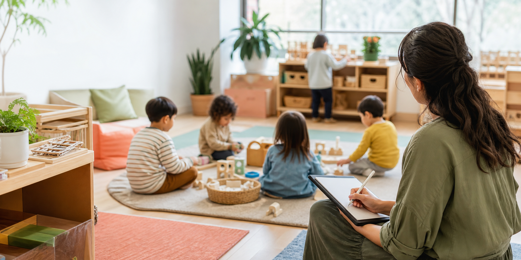 幼儿园融合教育活动室中的观察记录场景